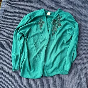 BLAIR Womens Green Tight Knit Long Sleeve Cardigan SWEATER 2XL XXL Embroidered